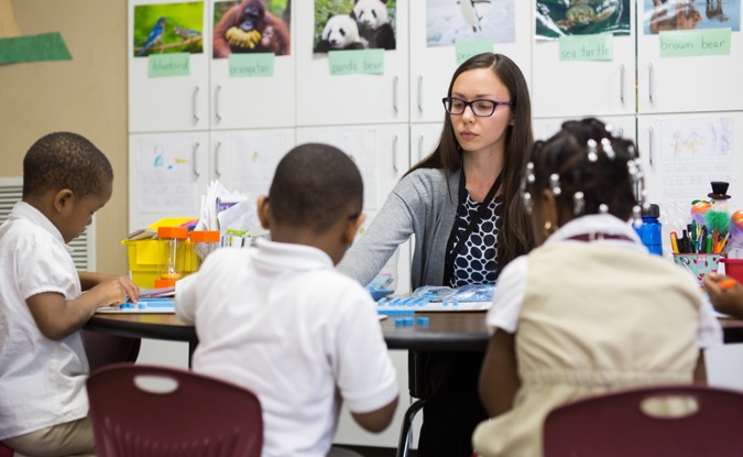 Teacher in a classroom with students.