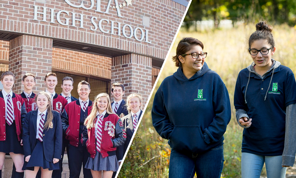 The first photo is of students standing in front of Charyl Stockwell Preparatory Academy High School. The second photo pictures two students from West Michigan Academy of Environmental Science walking outside smiling and laughing.