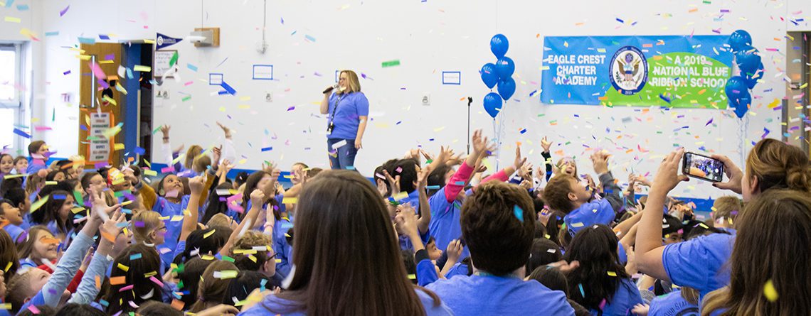 Eagle Crest Charter Academy students and staff attending an assembly to celebrate being awarded a 2019 National Blue Ribbon School.